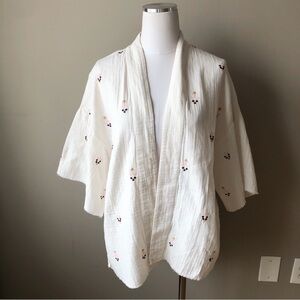 Lucky brand Gauzy Ivory White Aztec Embroidered Kimono Jacket Cardigan O/S